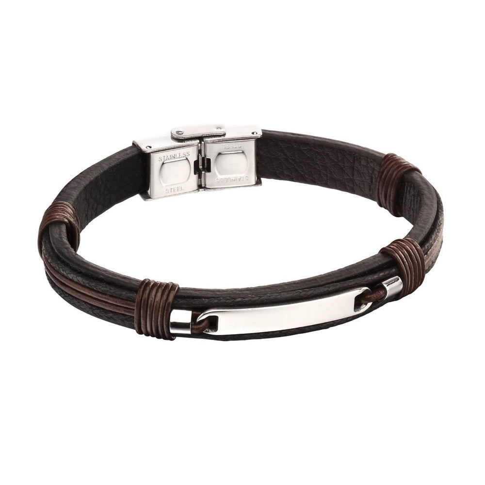 Fred Bennett | ID Bar Black Leather Bracelet With Brown Cord Detail