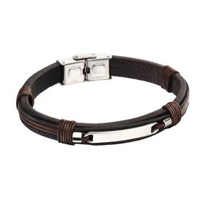 Fred Bennett | ID Bar Black Leather Bracelet With Brown Cord Detail