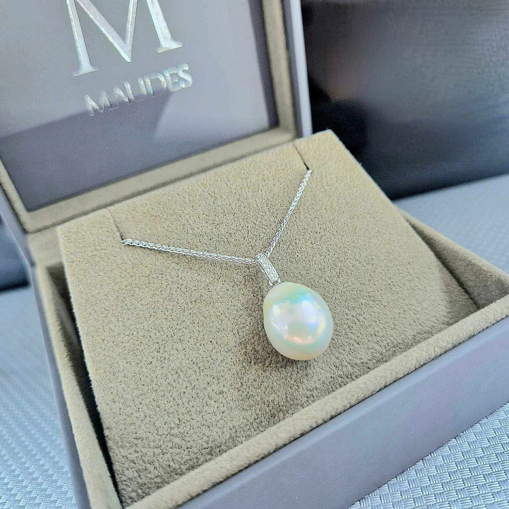 9ct White Gold Oversized Baroque Pearl and White Topaz Pendant and Chain