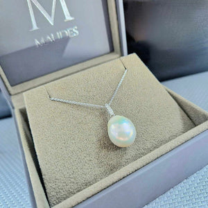 9ct White Gold Oversized Baroque Pearl and White Topaz Pendant and Chain