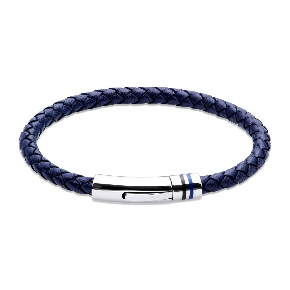 Unique & Co | Navy Leather Bracelet With Polished Steel Clasp