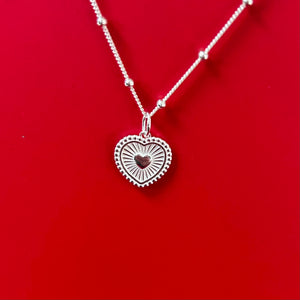Sterling Silver Sunray Textured Heart Pendant and Chain
