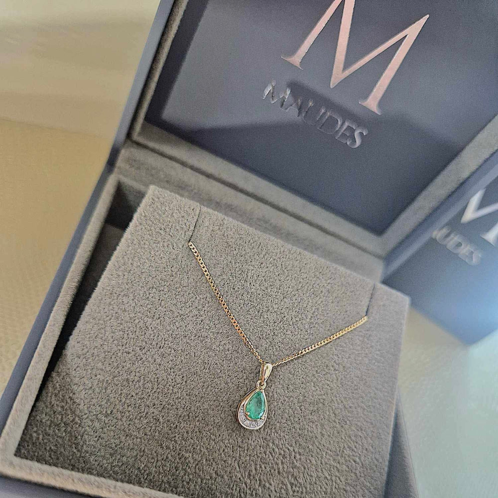 9ct Yellow Gold Teardrop Emerald and Diamond Pendant with Chain