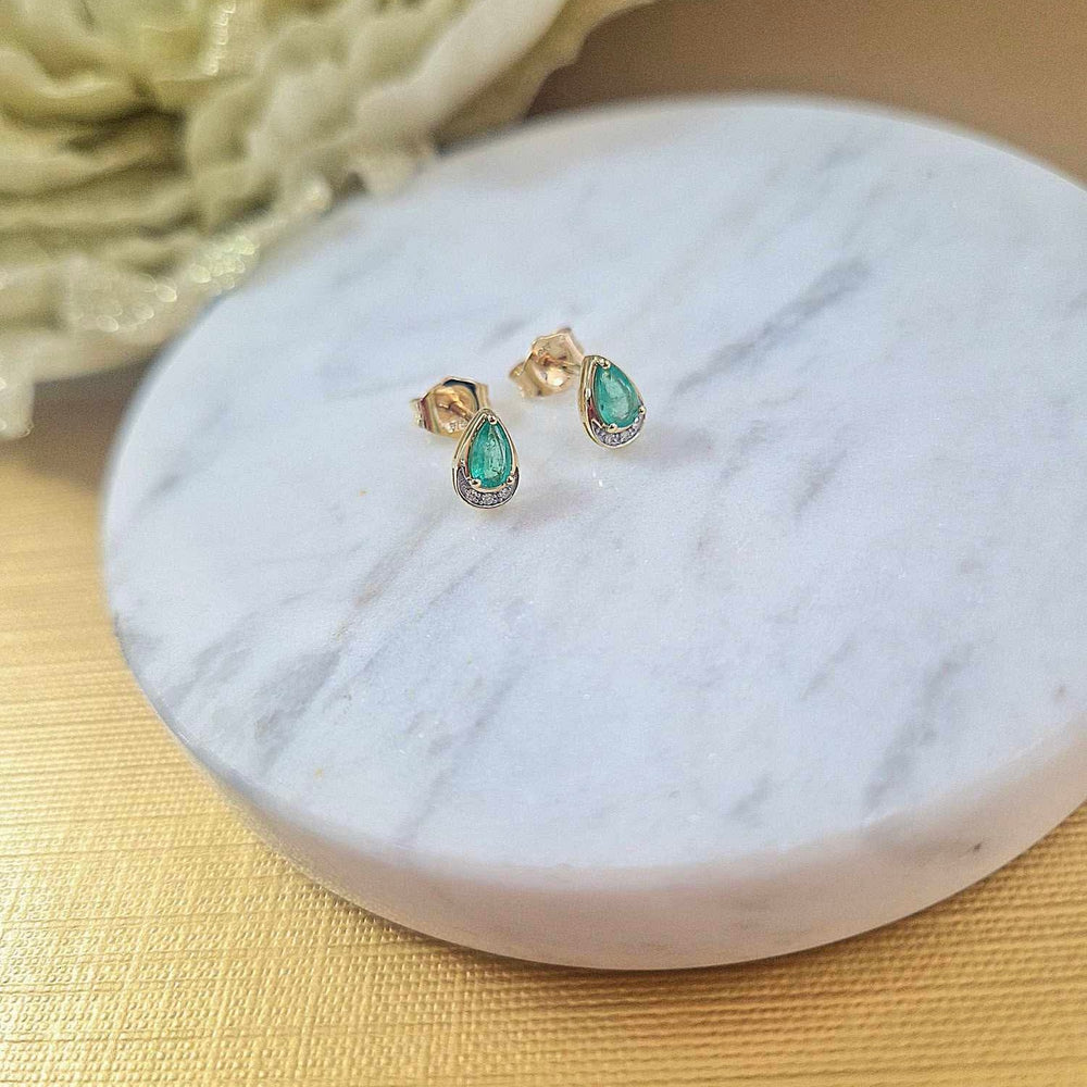 9ct Yellow Gold Teardrop Emerald and Diamond Stud Earrings