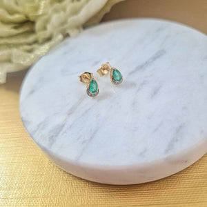 9ct Yellow Gold Teardrop Emerald and Diamond Stud Earrings