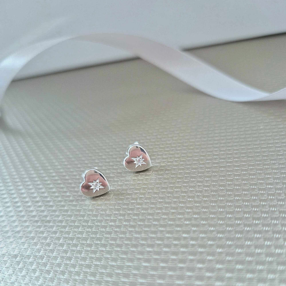 Sterling Silver Heart CZ in Star Stud Earrings