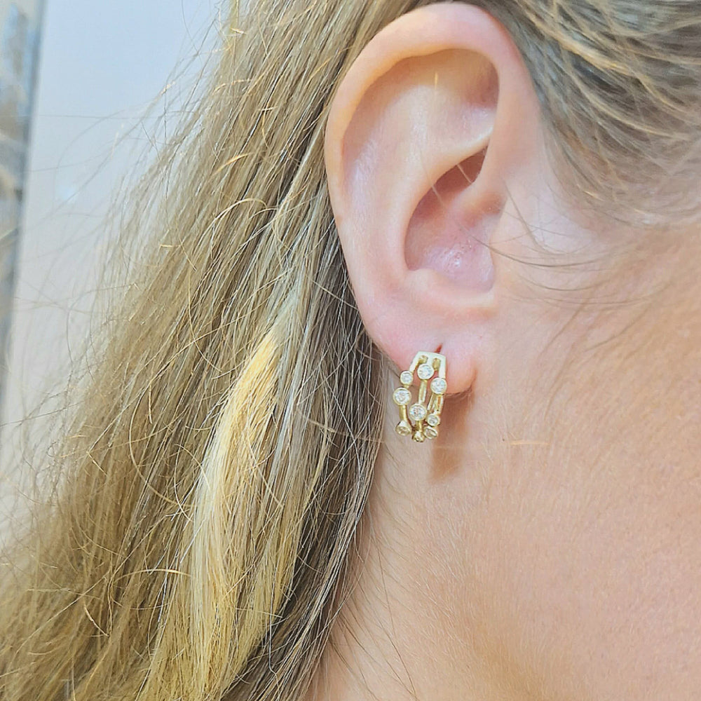 9ct Yellow Gold Three Band Diamond Hoop Earrings