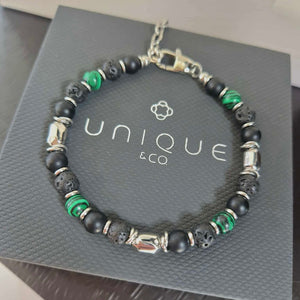 Unique & Co | Stainless Steel Bracelet with Onyx, Lava Stone & Malachite