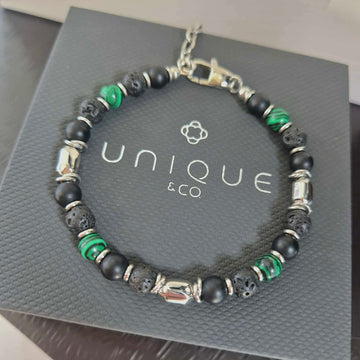 Unique & Co | Stainless Steel Bracelet with Onyx, Lava Stone & Malachite