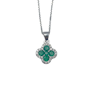 9ct White Gold, Emerald and Diamond Flower Pendant and Chain.