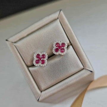 18ct Yellow Gold Ruby & Diamond Clover Stud Earrings