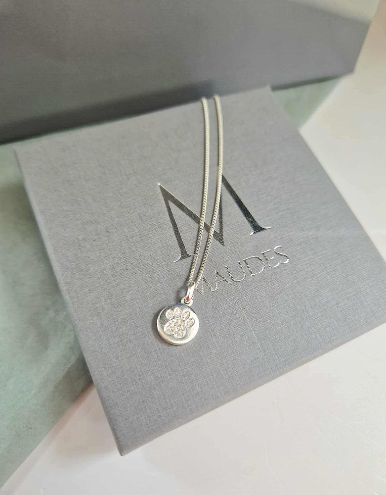 Sterling Silver CZ Paw Print Disc Necklace