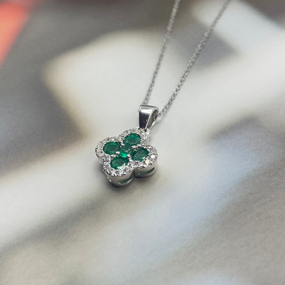9ct White Gold, Emerald and Diamond Flower Pendant and Chain.