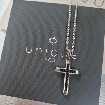 Unique & Co | Stainless Steel Cross and Chain with Black IP Inlay