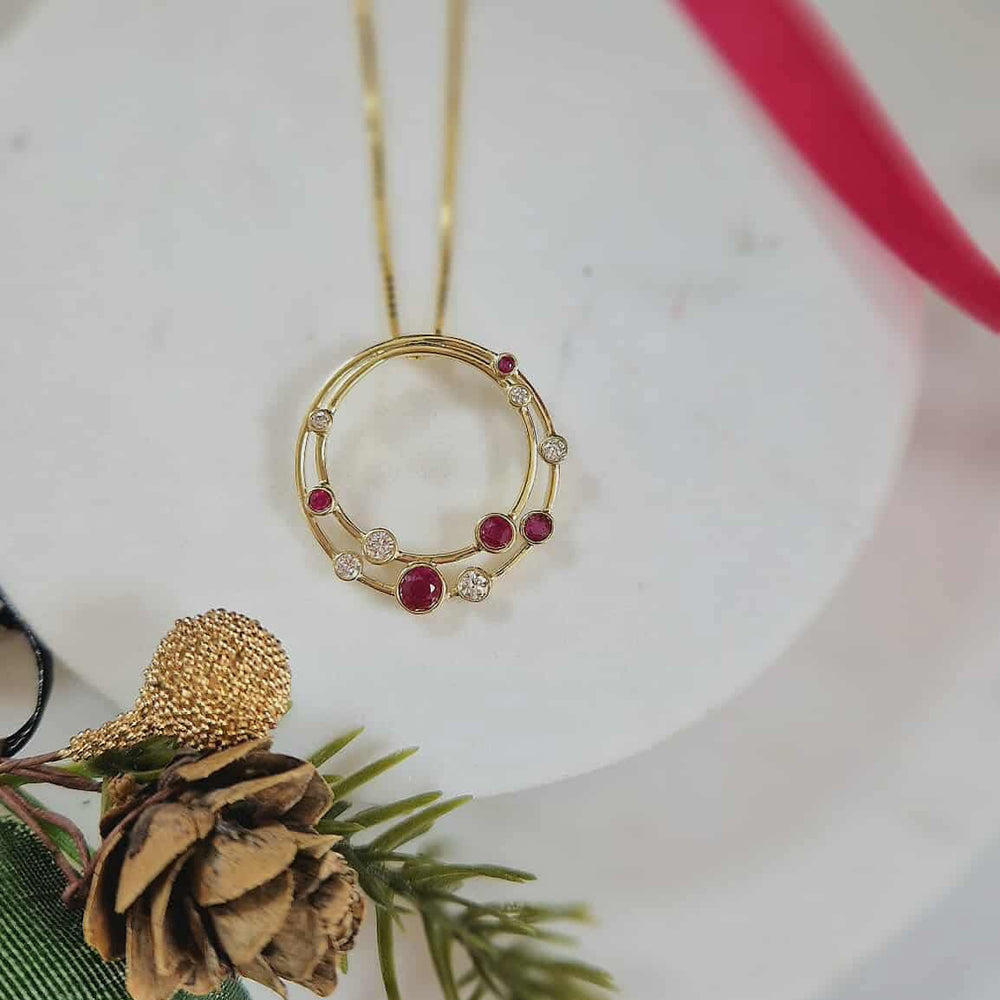 9ct Yellow Gold Diamond & Ruby Circle Pendant and Chain