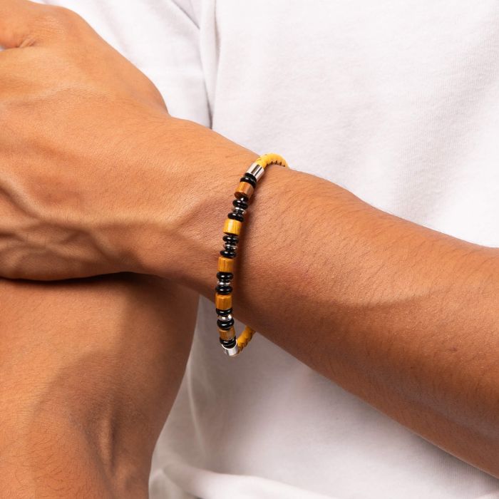 Fred Bennett | Mustard Yellow Leather Bracelet With Wood and Black Onyx Beads