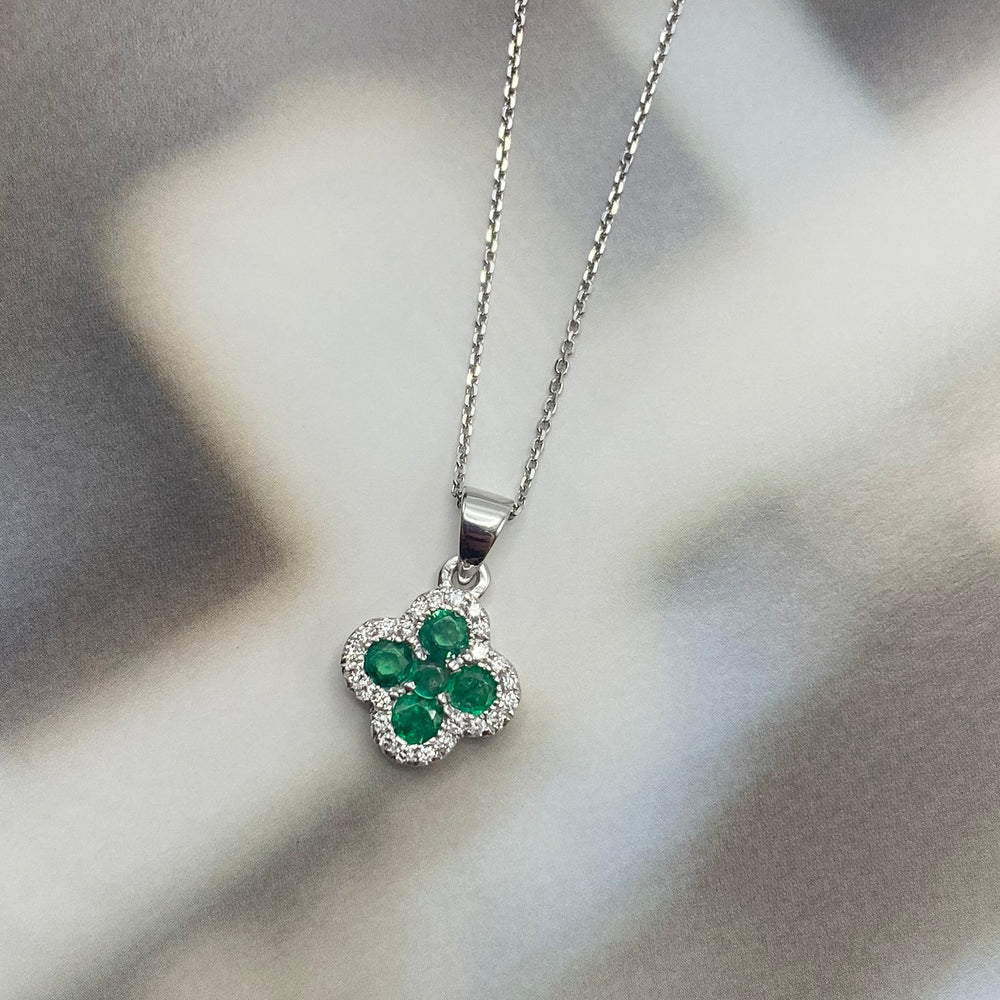 9ct White Gold, Emerald and Diamond Flower Pendant and Chain.