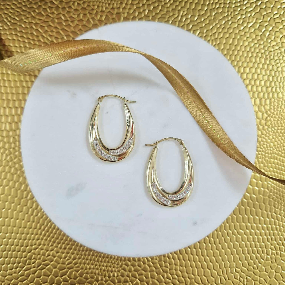 9ct Yellow Gold Oval Stone Set Creole Hoop Earrings