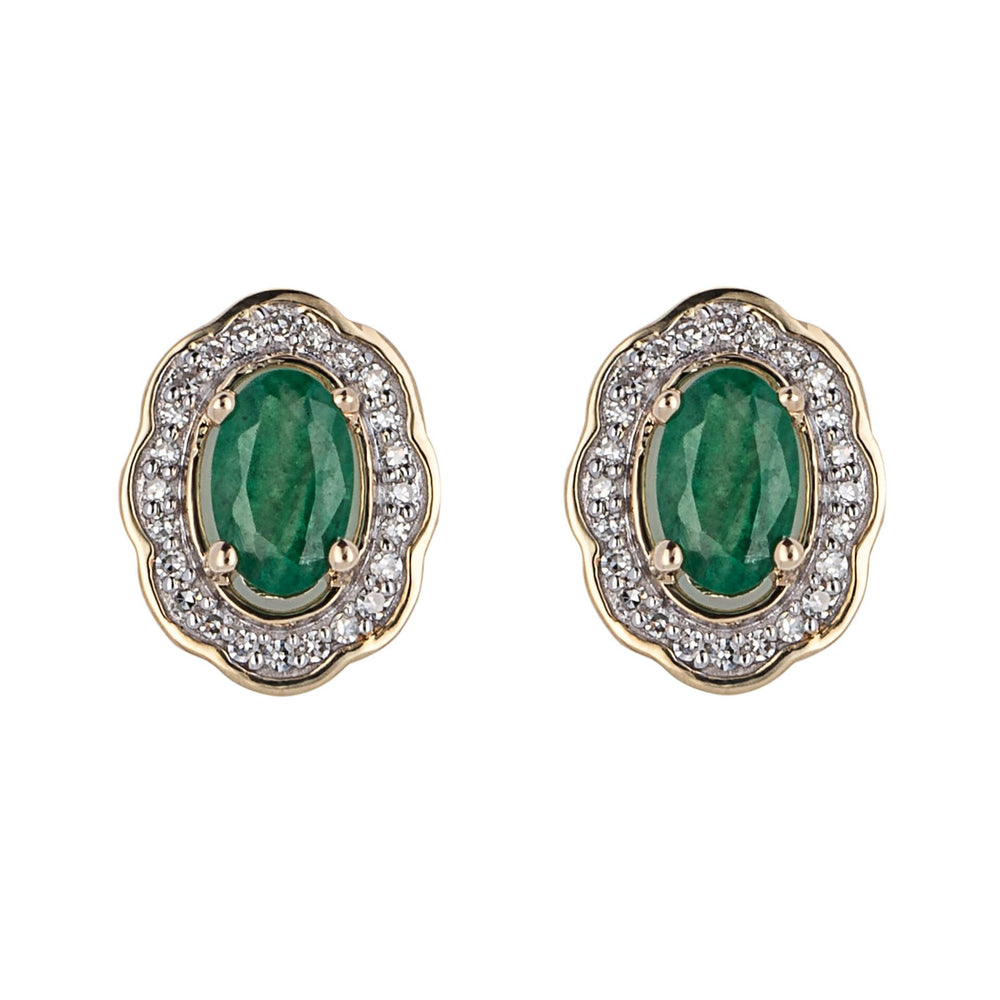 9ct Gold Ornate Emerald & Diamond Stud Earrings