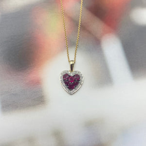 9ct Yellow Gold, Ruby and Diamond Heart Necklace