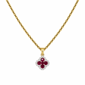 18ct Yellow Gold Ruby & Diamond Clover Pendant and Chain