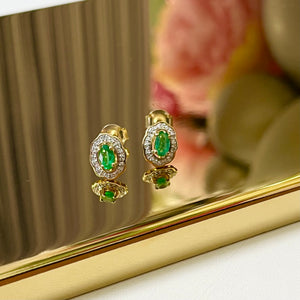 9ct Gold Ornate Emerald & Diamond Stud Earrings