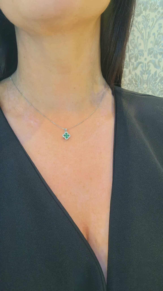 9ct White Gold, Emerald and Diamond Flower Pendant and Chain.