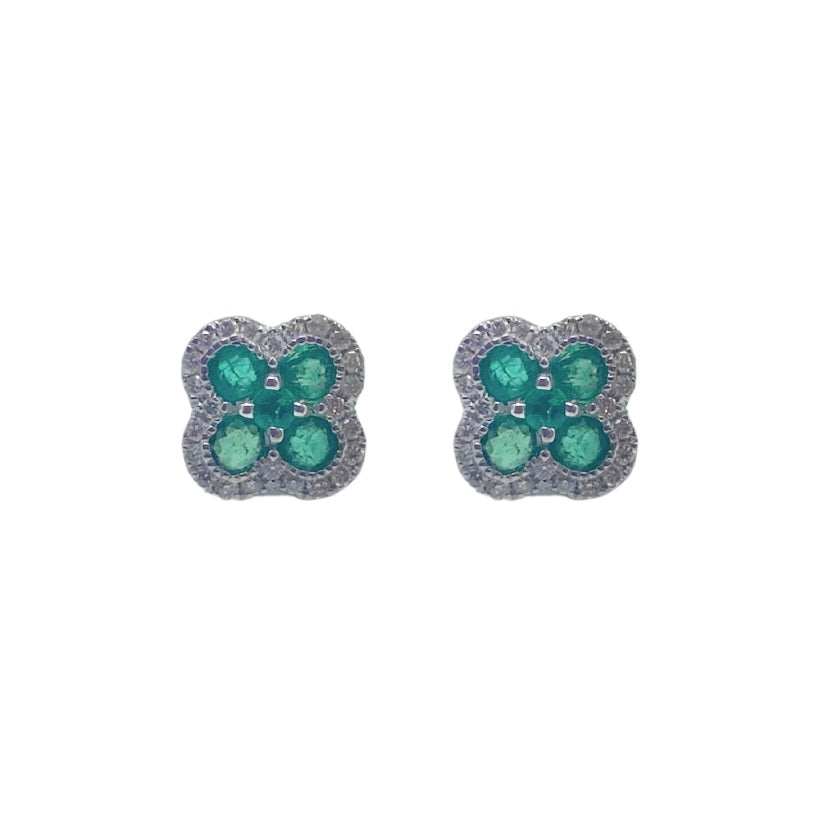 9ct White Gold, Emerald and Diamond Flower Stud Earrings
