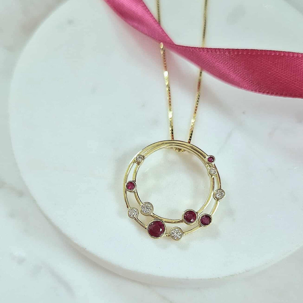 9ct Yellow Gold Diamond & Ruby Circle Pendant and Chain