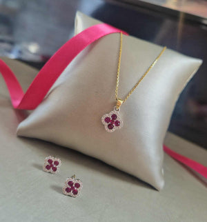 18ct Yellow Gold Ruby & Diamond Clover Pendant and Chain
