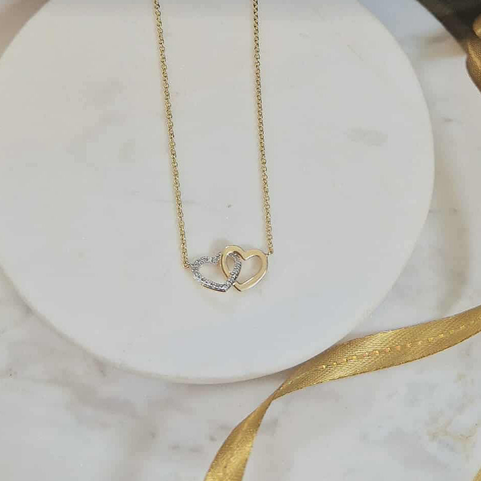 9ct Yellow Gold Diamond Two Heart Pendant and Chain