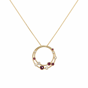 9ct Yellow Gold Diamond & Ruby Circle Pendant and Chain