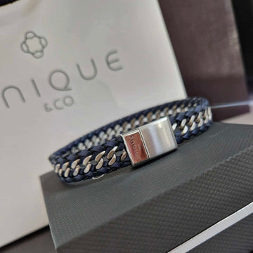 Unique & Co | Navy Leather Bracelet, Braided Leather Edge and Magnetic Clasp