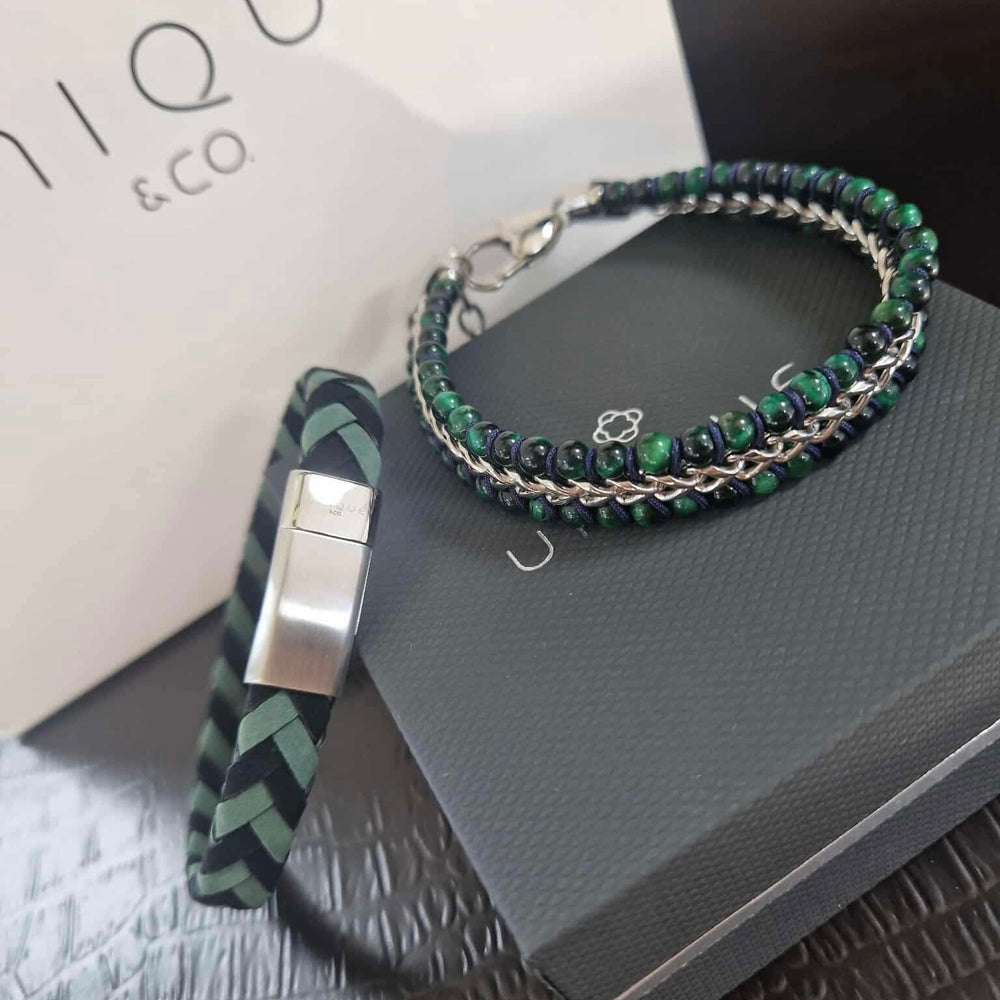 Unique & Co | Stainless Steel Bracelet with Green Tigers Eye Stones