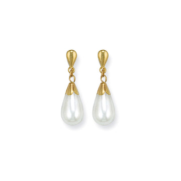 9ct Yellow Gold Simulated Pearl Drop Stud Earrings