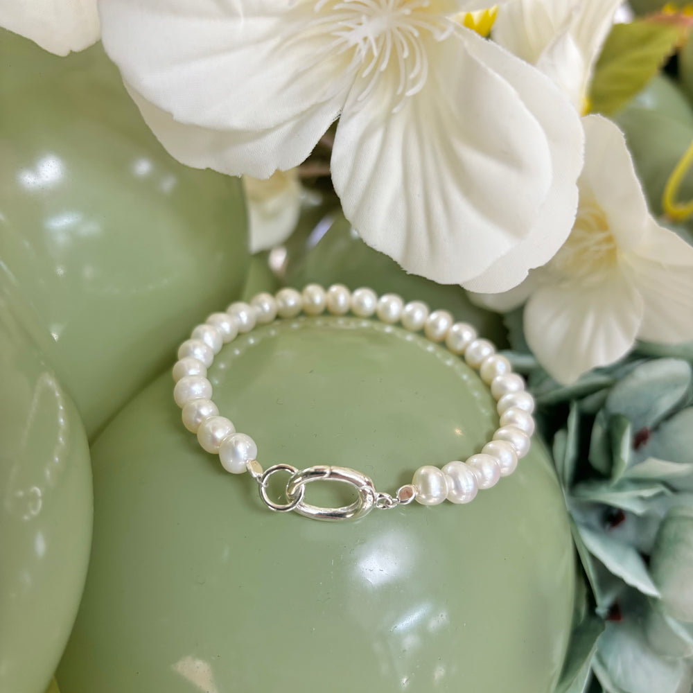 Sterling Silver White Pearl Charm Bracelet