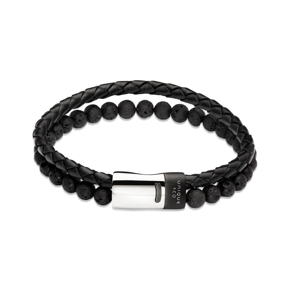 Unique & Co | Black Leather Bracelet with Lava Stones