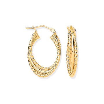 9ct Yellow Gold Triple Layer Ribbed & Plain Oval Hoop Earrings