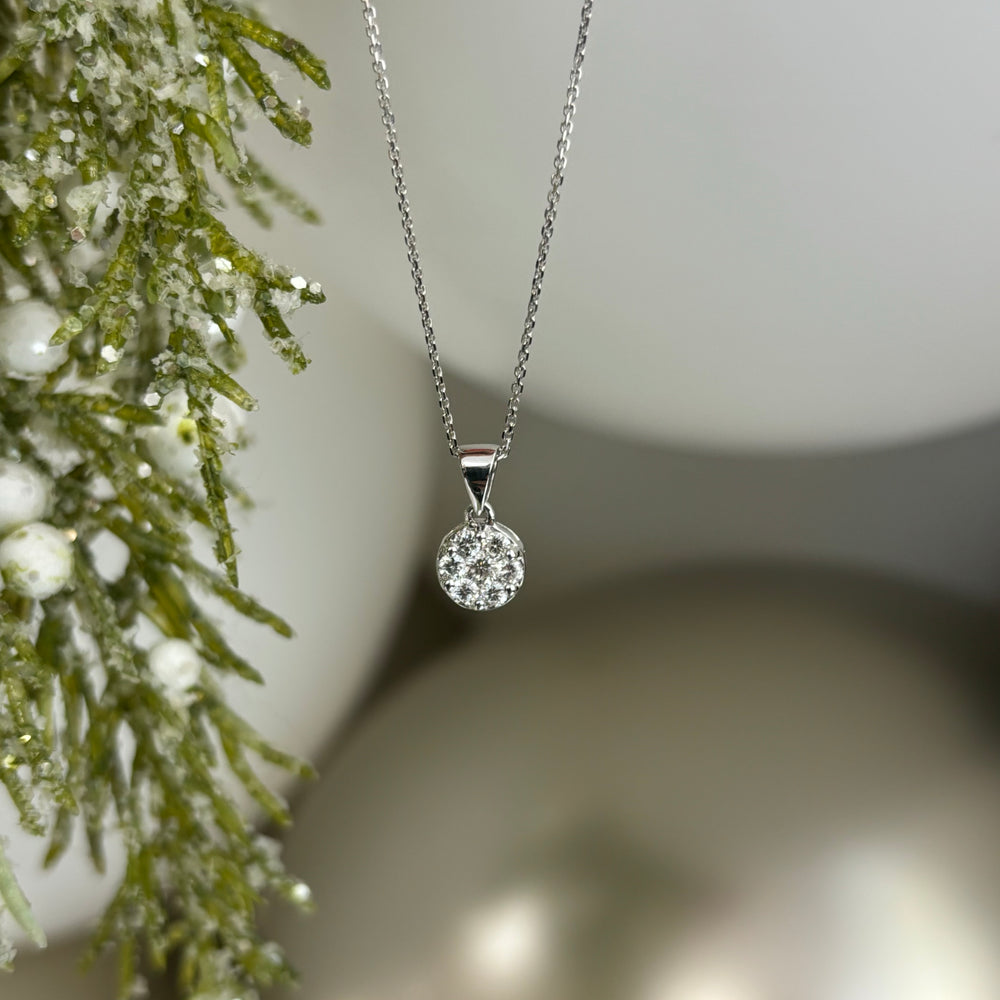 18ct White Gold, Round Diamond Cluster Pendant and Chain