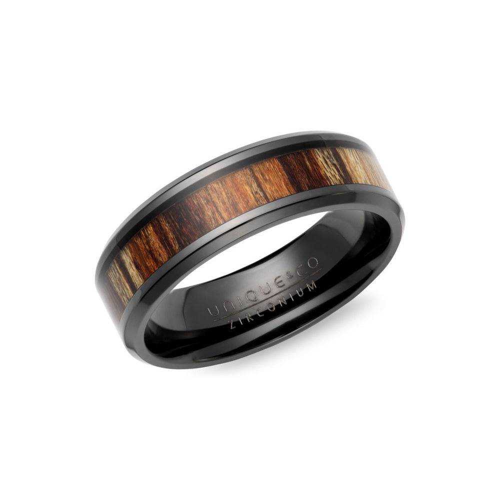 Unique & Co | Black Zirconium Ring With Wood Inlay