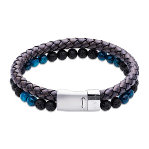 Unique & Co | Double Bracelet With Black Leather, Lava Stones and Turquoise Beads