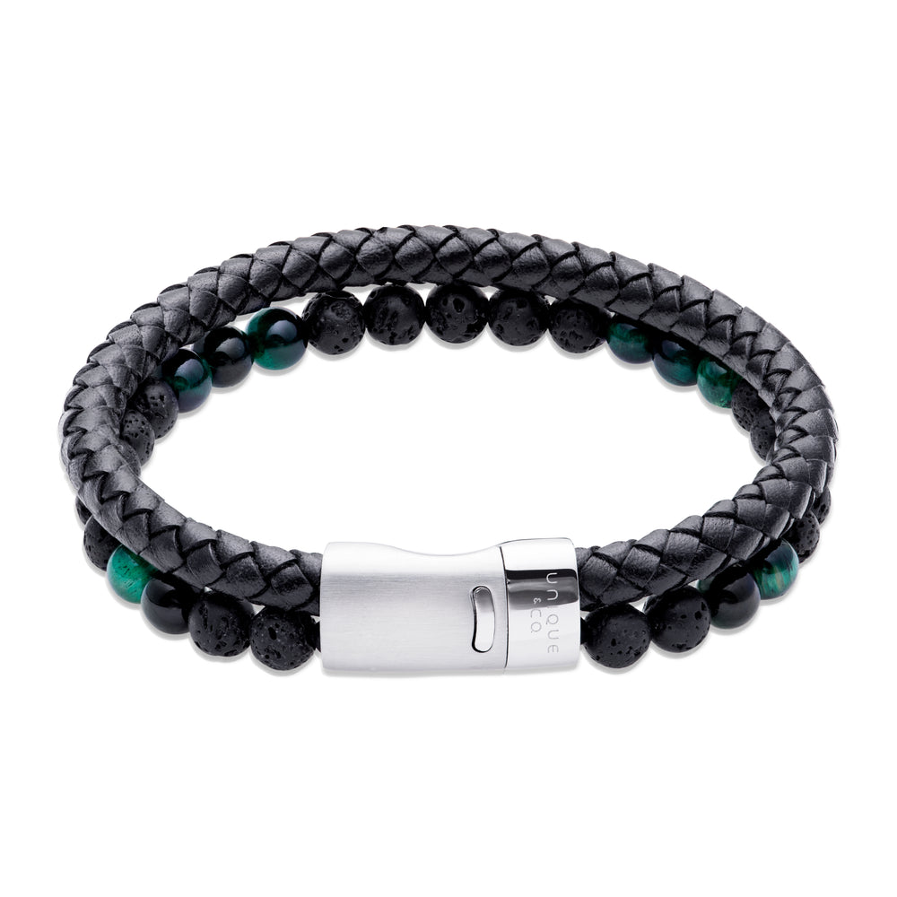 Unique & Co | Black Leather, Lava Stones and Malachite Beads Double Bracelet
