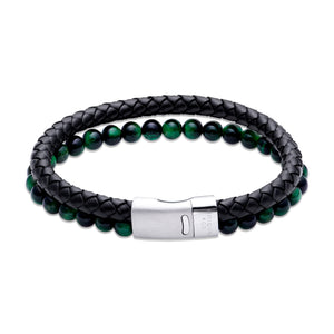 Unique & Co | Black Leather and Green Tigers Eye Bracelet