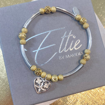 Ettie Frosted Gold and Silver Flower Heart Noodle Bracelet
