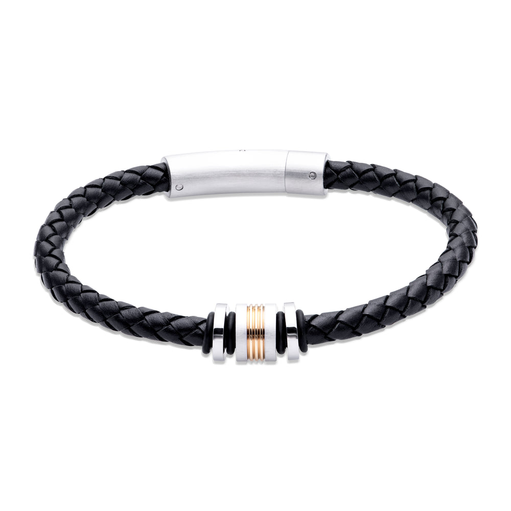 Unique & Co | Black Leather Bracelet With Black & Gold IP details