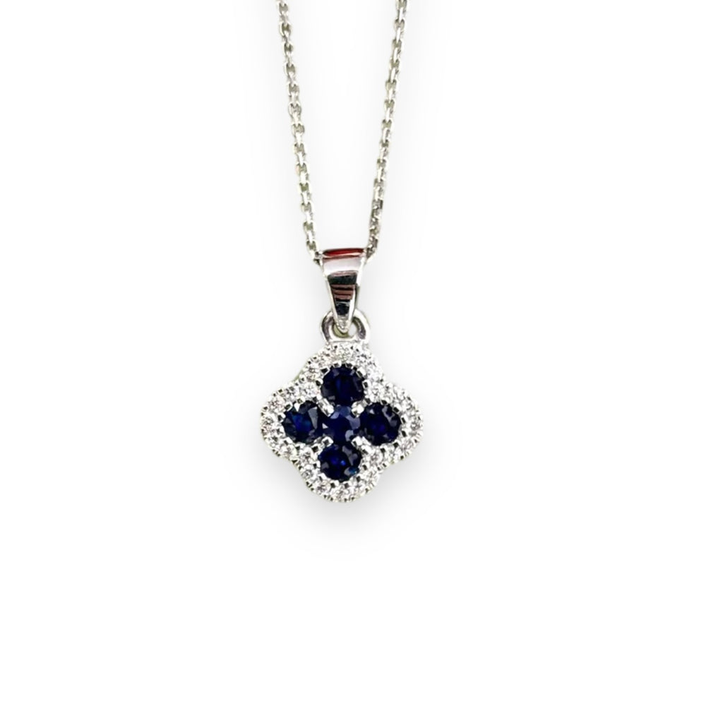 18ct White Gold, Sapphire and Diamond Flower Pendant and Chain.
