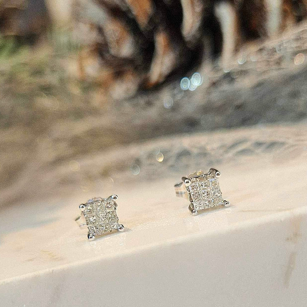 9ct White Gold Square Diamond Earrings