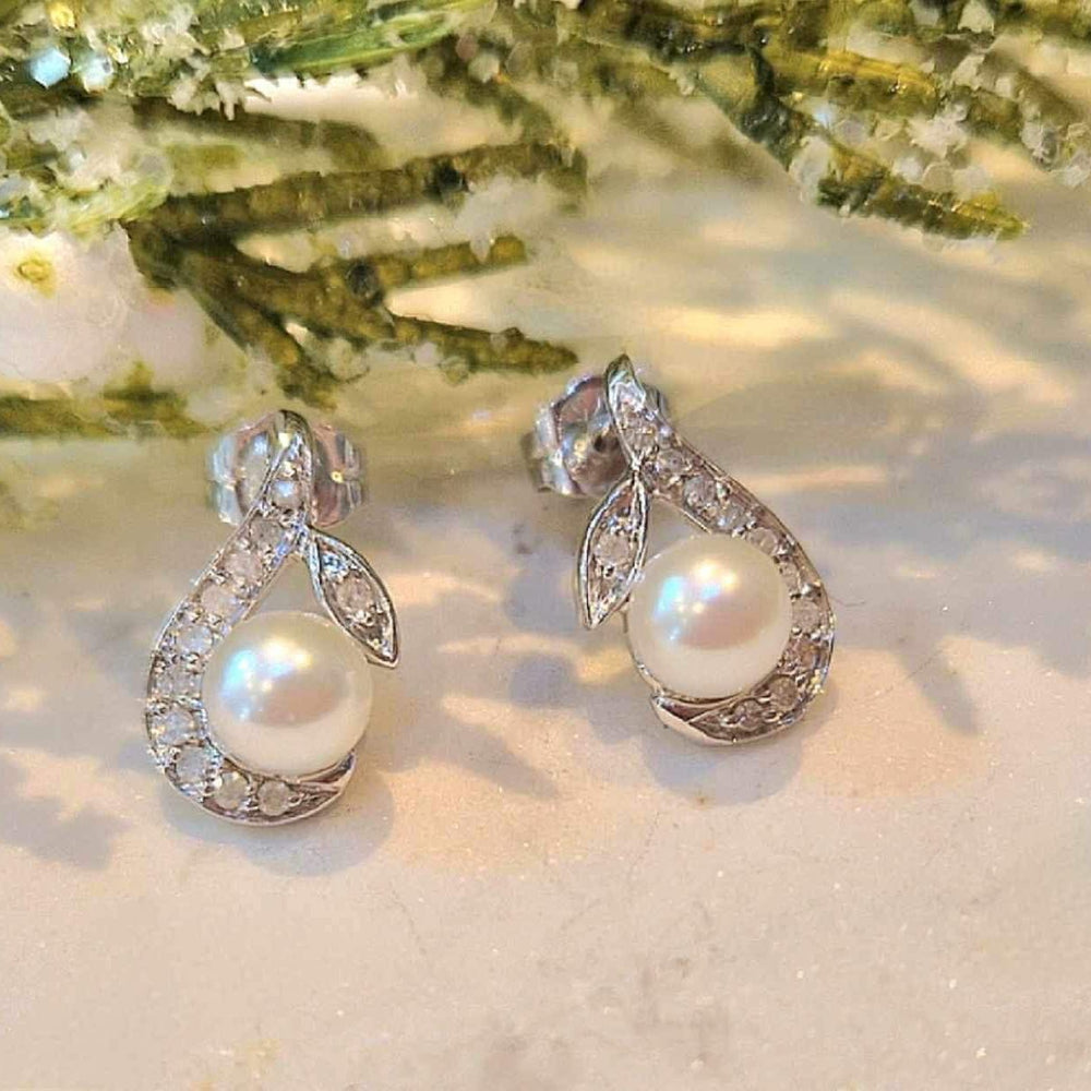 9ct White Gold Diamond and Pearl Drop Earrings