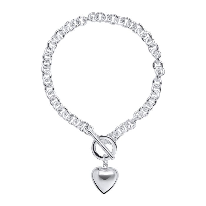 Sterling Silver Puff Heart T-Bar Chain Bracelet