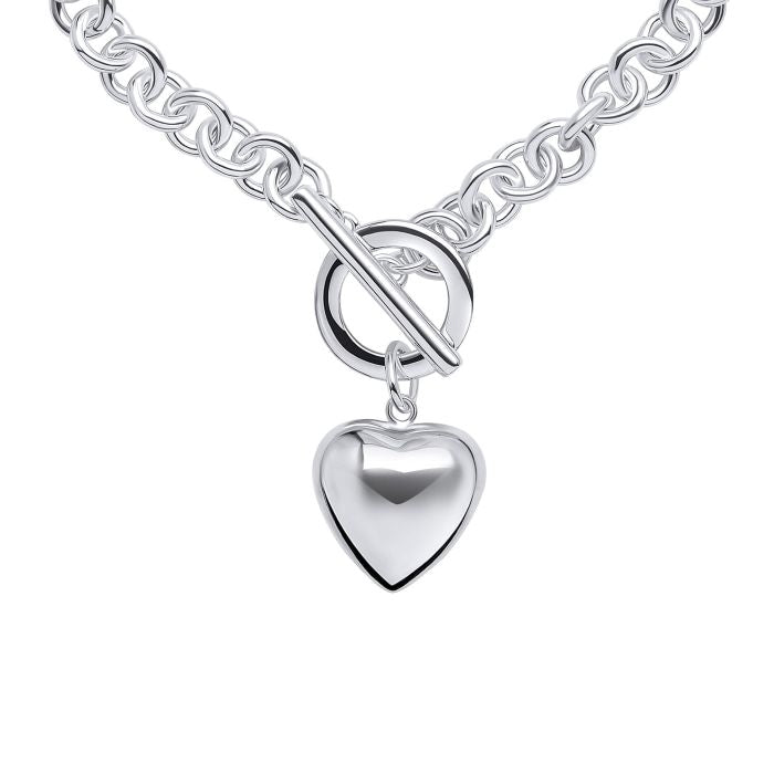 Sterling Silver Puff Heart T-Bar Chain Bracelet